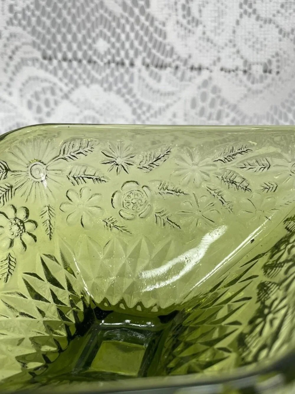 Vintage Green Indiana Glass Daisy Floral Candy Dish, Diamond Shaped Dish